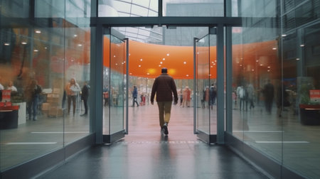 Generative AI : Black delayed businessman is running coming out from the revolving doorの素材