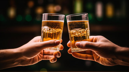 Generative AI : Cheers Couple in love is drinking alchool togheter in a shot glass during a party  caucasian people  people drink party and lifestyle conceptの素材