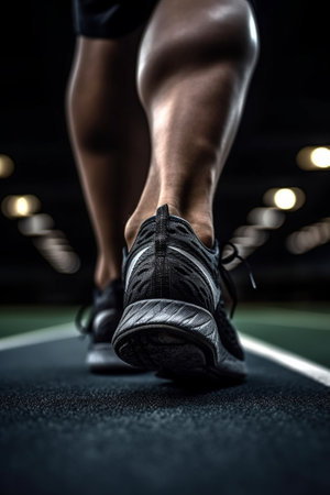 Generative AI : Closeup of man trying jogging shoes  Male athlete run on running track in a stadium  Sport lifestyle conceptの素材