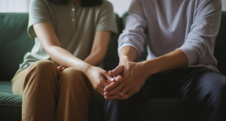Generative AI : Close up caucasian woman and man in love sitting on couch two people holding handsの素材