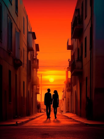 Generative AI : Couple of lovers kissing on city street at sunset  Two tourists having fun walking in town  People love and tourism conceptの素材