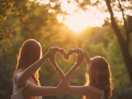 Generative AI : Beautiful romantic couple making heart shape with fingers kissing outdoor Close up hands in focusの素材