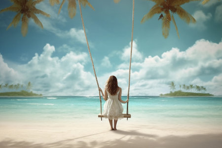 Generative AI : Carefree woman on the swing on a inspiring landscape Dream conceptの素材