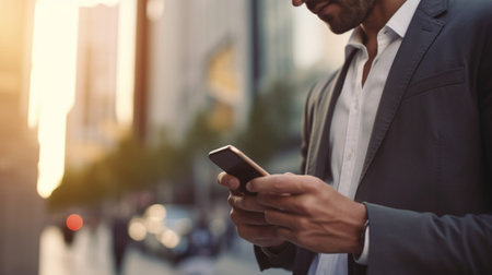 Generative AI : Closeup image of business man watching smart mobile phone device outdoors  Businessman networking typing an sms message in city streetの素材