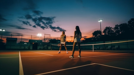 Generative AI : Caucasian couple playing tennis togheter in the courtの素材