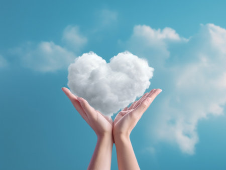 Generative AI : Close up of hands in shape of love heart on a sky backgroundの素材