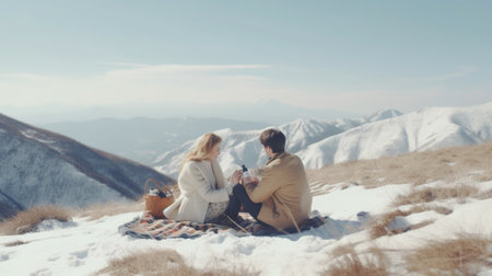 Generative AI : Couple of tourists lying on the grass visiting tirol alps Boyfriend and girlfriend in love taking a photo of the mountains landscape with vintage camera  Vintage fiの素材