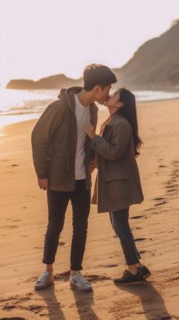 Generative AI : Close up of the legs of the kissing couple at the beachの素材