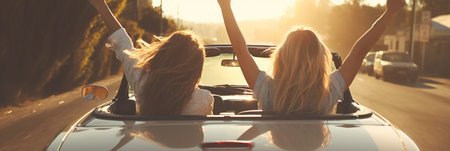 Generative AI : Couple of best friends having fun at car trip Young people with arms up on a convertible car on the roadの素材