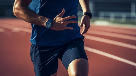 Generative AI : Closeup of man trying jogging shoes  Male athlete run on running track in a stadium  Sport lifestyle conceptの素材