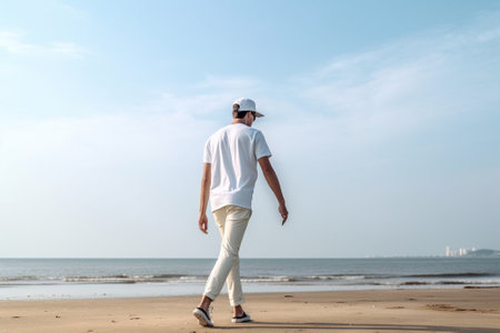 Generative AI : Athlete running man listening to music on smartphone Sporty fit young man jogging at the beachの素材