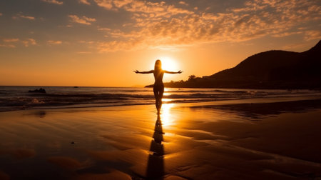 Generative AI : Beatiful woman practicing joga at the beach at sunsetの素材