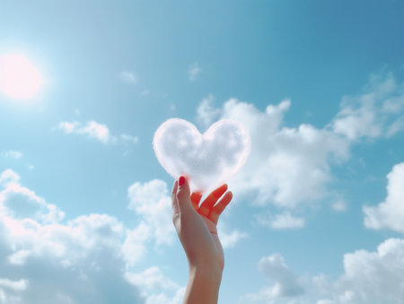 Generative AI : Close up of hands in shape of love heart on a sky backgroundの素材