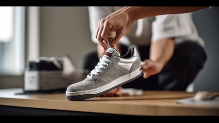 Generative AI : Close up of a black man hands tying shoelaces before training startsの素材