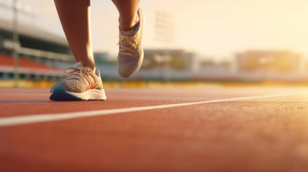 Generative AI : Closeup of man trying jogging shoes  Male athlete run on running track in a stadium  Sport lifestyle conceptの素材