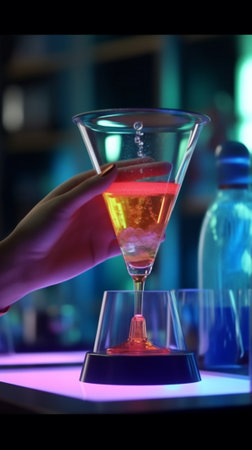 Generative AI : Barman making cocktail at night club  Bartender pouring alcohol from shaker into martini glass  Beverage life style conceptの素材