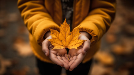 Generative AI : Close up of a autumn leaf held by a girl Concept about autumnの素材
