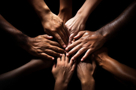 Generative AI : Close up of different people sitting on chairs in circle holding hands together  Multiracial community support and help each other  Addiction treatment rehab teamwoの素材