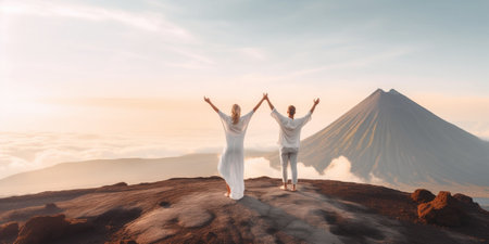 Generative AI : Couple traveler on mountain summit enjoying nature view with hands raised over clouds  Sport travel business and success leadership and achievement conceptの素材