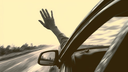 Generative AI : Girl doing hitchhiking while a car is stopping to helpの素材