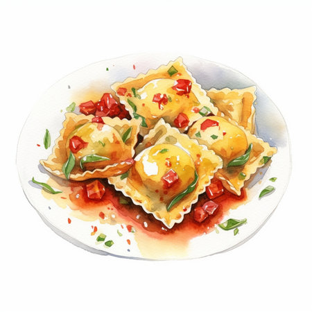 Generative AI : Fresh homemade ravioli pasta with tomato and parsleyの素材