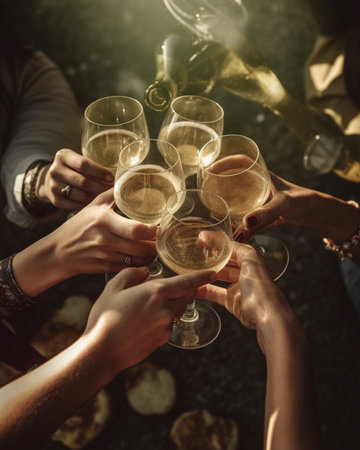 Generative AI : Group of best friends toasting with wine at restaurant View from aboveの素材