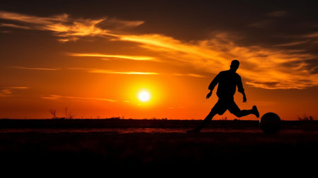 Generative AI : Football player is training at the field on a sunset background Sporty man is dribbling with the ballの素材