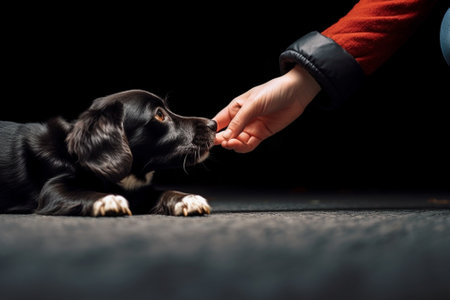 Generative AI : Dog is giving paw to its owner in the park  Love between humans and animals conceptの素材