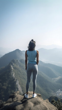 Generative AI : Female hiker hiking the peak of the mountain enjoying success and freedom  Travel and sport conceptの素材