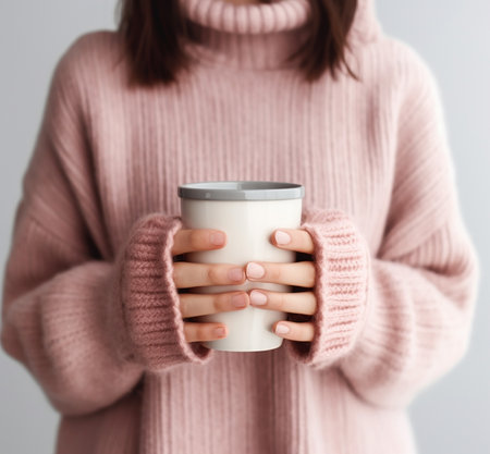 Generative AI : Female hands holding a cup of hot chocolate with marshmallowsの素材