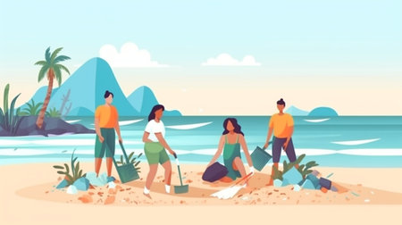 Generative AI : Group of eco volunteers picking up plastic trash on the beach  Activist people collecting garbage protecting the planet  Ocean pollution environmental conservationの素材