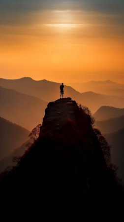 Generative AI : Man standing on a ledge of a mountain enjoying the beautiful sunsetの素材