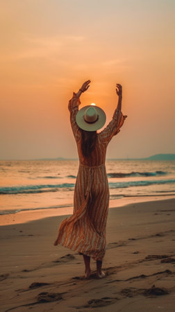 Generative AI : Happy woman walking on the beach at sunset  Traveler female enjoying sunrise morning outside  Freedom travel and healthy lifestyle conceptの素材