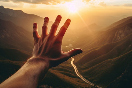 Generative AI : Hand of a man reaching out the beatiful mountain landscape at sunset  Inspirational and travel conceptの素材