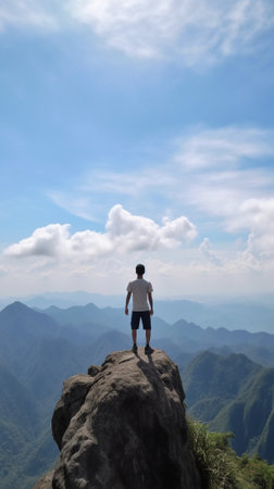 Generative AI : Man is enjoying the scenery on the mountain top Pov viewの素材