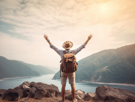 Generative AI : Happy man with arms outstretched standing outside  Delightful traveler with backpack enjoying summer trip  Successful people well being and traveling lifestyle concの素材