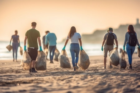 Generative AI : Group of eco volunteers picking up plastic trash on the beach  Activist people collecting garbage protecting the planet  Ocean pollution environmental conservationの素材