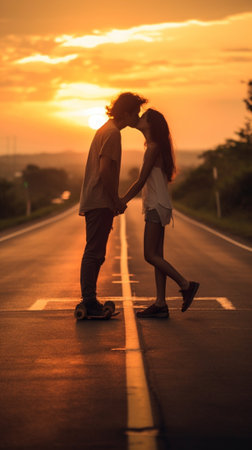 Generative AI : Loving couple kissing outdoor at sunset  Concept about people love and lifestyleの素材