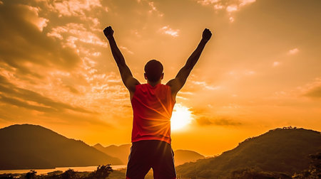 Generative AI : Man with arms up celebrating on top of the mountains  Hiker enjoying freedom on a hill at sunset  Freedom sport success and mental health conceptの素材