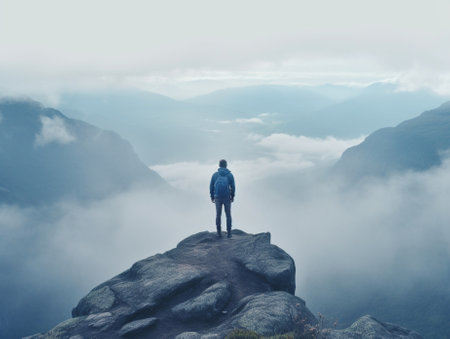 Generative AI : Man on top of mountain  Epic shot of adventure hiking in mountains alone outside  Active lifestyle and travel vacationsの素材