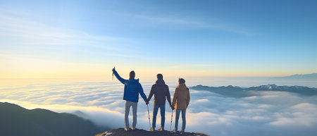 Generative AI : Inspiration and trekking concept Group of hikers climbing a mountain at vacation Hiker man standing at the top of the volcano looking the panoramaの素材