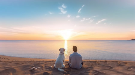 Generative AI : Loving couple playing with dog at the beach Concept about love animal and lifestyleの素材