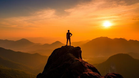 Generative AI : Man standing on a ledge of a mountain enjoying the beautiful sunsetの素材