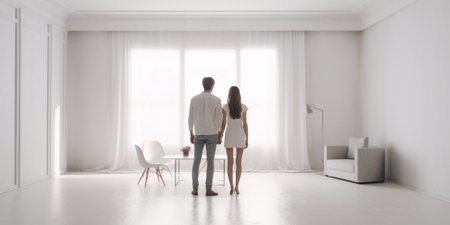 Generative AI : Husband and wife kissing lying on the floor at home  Young couple just moved into new apartment  People and relocation conceptの素材