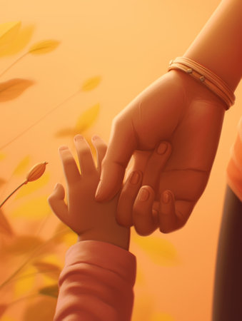 Generative AI : Hands of mother and daughter holding each other on field  Mom leads her little girl in the nature outdoor  Trust and family conceptの素材