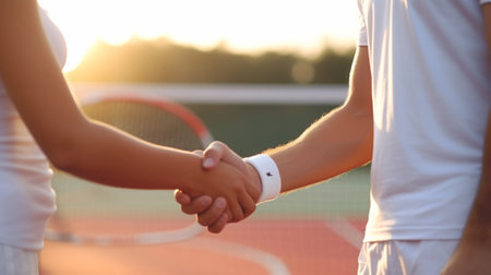 Generative AI : Happy young couple of tennis players shaking hands Concept about sport people and lifestyleの素材