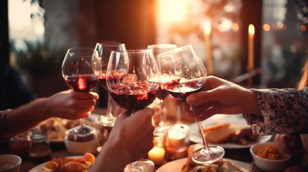 Generative AI : Happy friends toasting red wine glasses at dinner party  Group of people having lunch break at bar restaurant  Life style concept with guys and girls eating mediterの素材