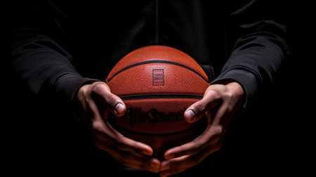 Generative AI : Portrait of a basketball player holding ball with hands  Athlete concentrating on game  Selective focus on the ballの素材