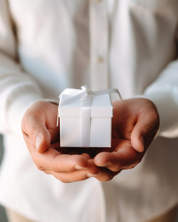 Generative AI : Man standing and holding white gift box behind his back at San Valentin dayの素材