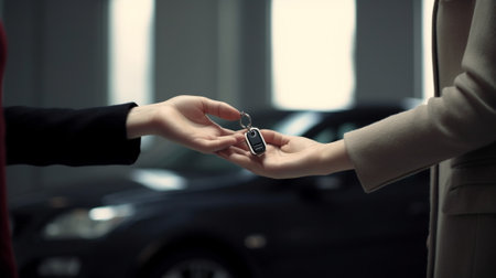 Generative AI : Hispanic woman is showing the key of her new car Girl buying the carの素材